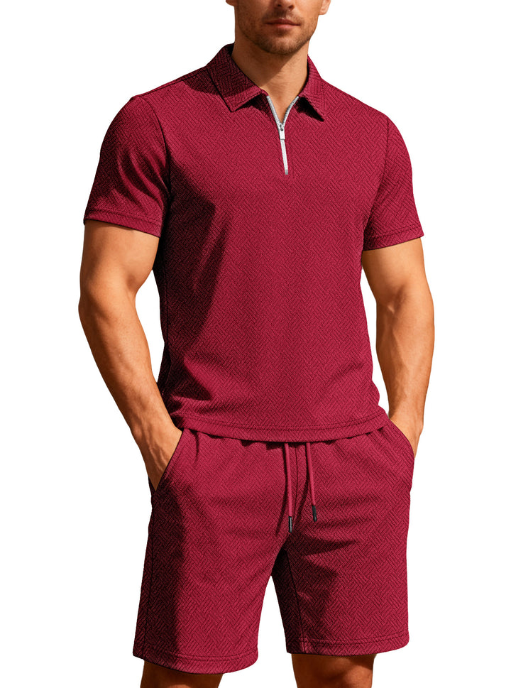 Herren nan komfortables Lounge-Zweiteiler aus strukturierter Baumwollmischung mit Halbzip-Poloshirt und Kordel-Shorts Echo Archiv