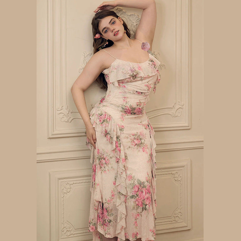 Damen Maxikleid mit floralem Rüschendesign und einem einseitigen Träger Echo Archiv