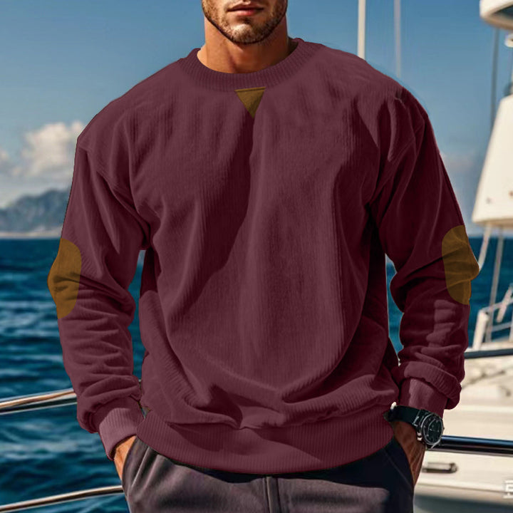 Herren Grobstruktur Pullover mit Ellbogenpatches und Rundhalsausschnitt Echoarchiv