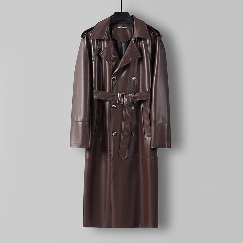 Herren Langer Kunstleder-Trenchcoat mit Doppelreiher, Taillengürtel und Schulterklappen Echoarchiv