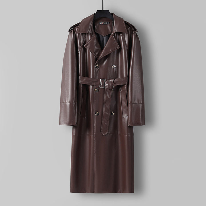 Herren Langer Kunstleder-Trenchcoat mit Doppelreiher, Taillengürtel und Schulterklappen Echoarchiv