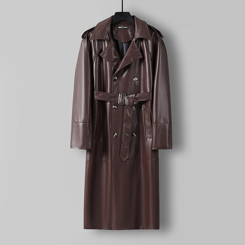 Herren Langer Kunstleder-Trenchcoat mit Doppelreiher, Taillengürtel und Schulterklappen Echoarchiv