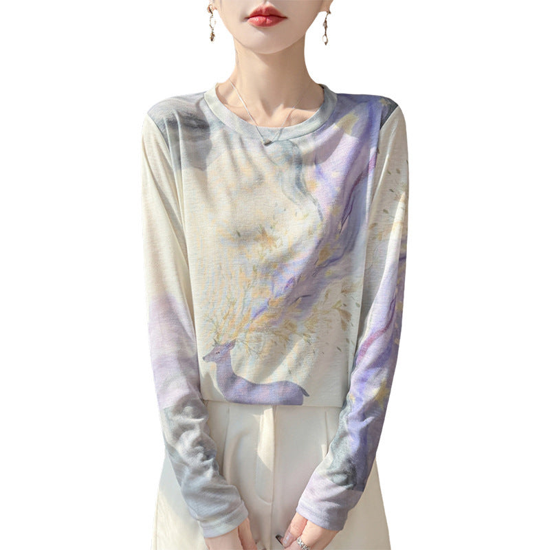 Damen Leichtes Langarmshirt aus Viskose-Mix mit Aquarellprint und Rundhalsausschnitt Echoarchiv