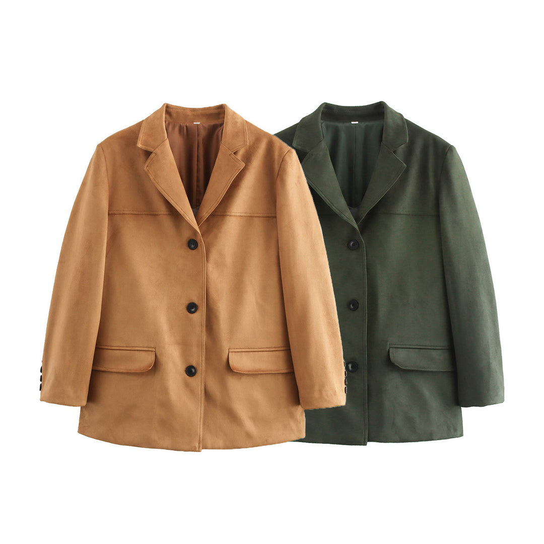 Damen kurzer Veloursleder Mantelblazer mit Reverskragen und aufgesetzten Pattentaschen – Célinea