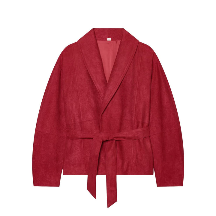 Damen Cropped Jacke im Kimono-Stil aus Veloursoptik mit Schalkragen und Bindegürtel Echoarchiv