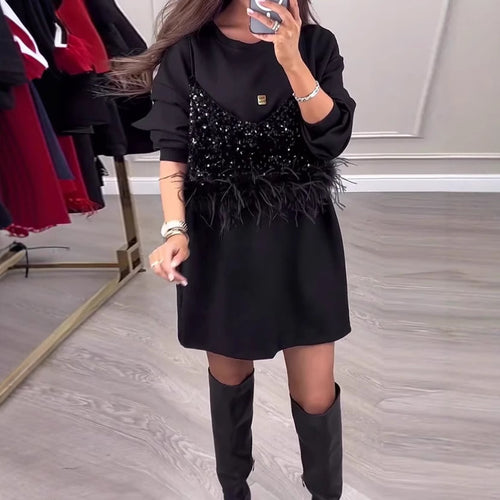 Damen nan Sweatshirt-Minikleid mit Pailletten-Front und Federbesatz Echo Archiv