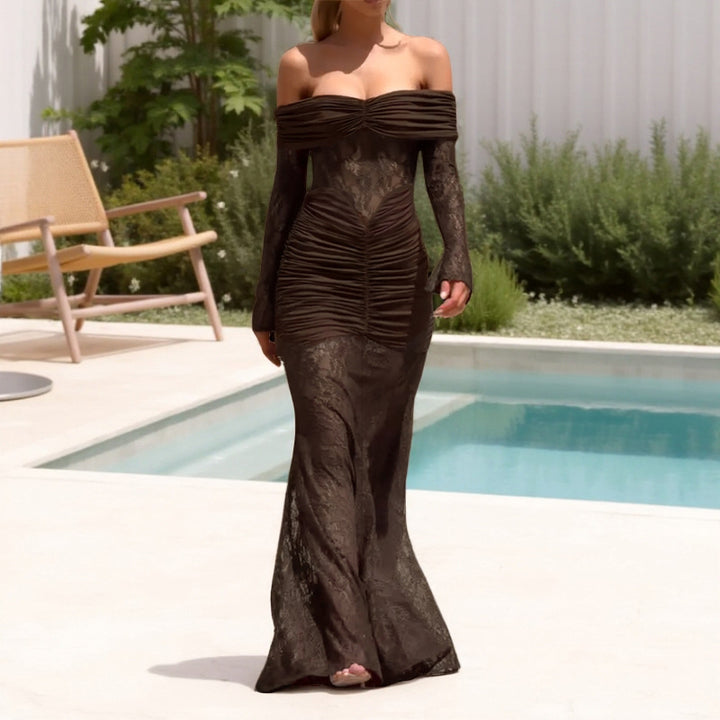 Damen Elegantes schulterfreies Maxikleid mit gerafftem Design und langen Ärmeln Echo Archiv