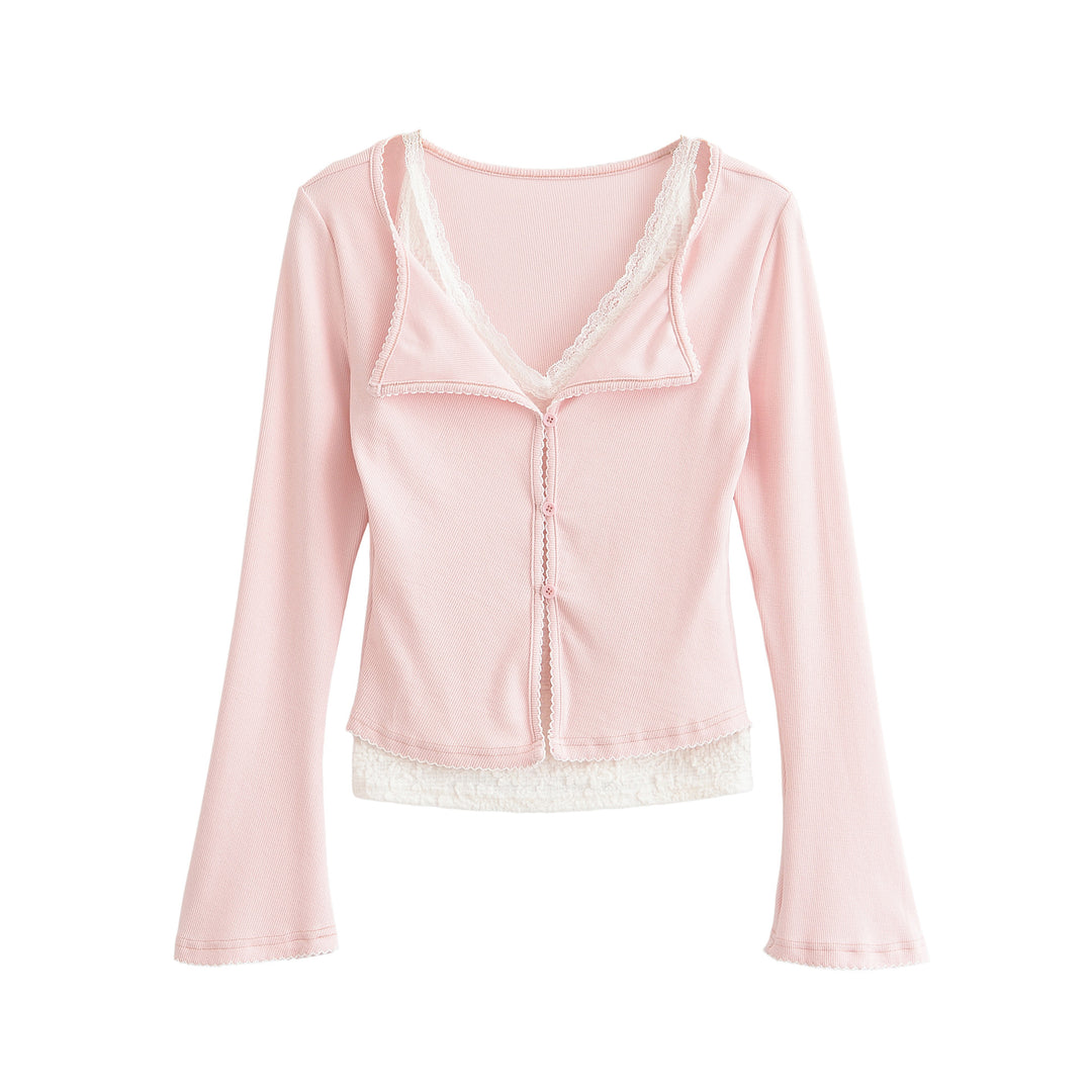 Damen Taillierter Buttoncardigan mit Spitzenbesatz und ausgestellten Ärmeln Echoarchiv