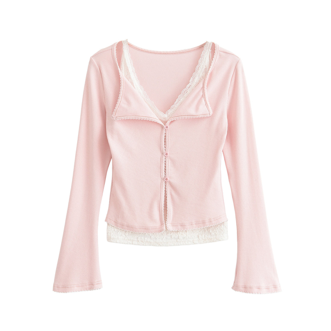 Damen Taillierter Buttoncardigan mit Spitzenbesatz und ausgestellten Ärmeln Echoarchiv