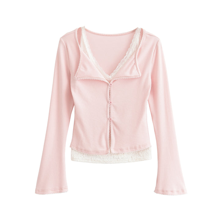 Damen Taillierter Buttoncardigan mit Spitzenbesatz und ausgestellten Ärmeln Echoarchiv