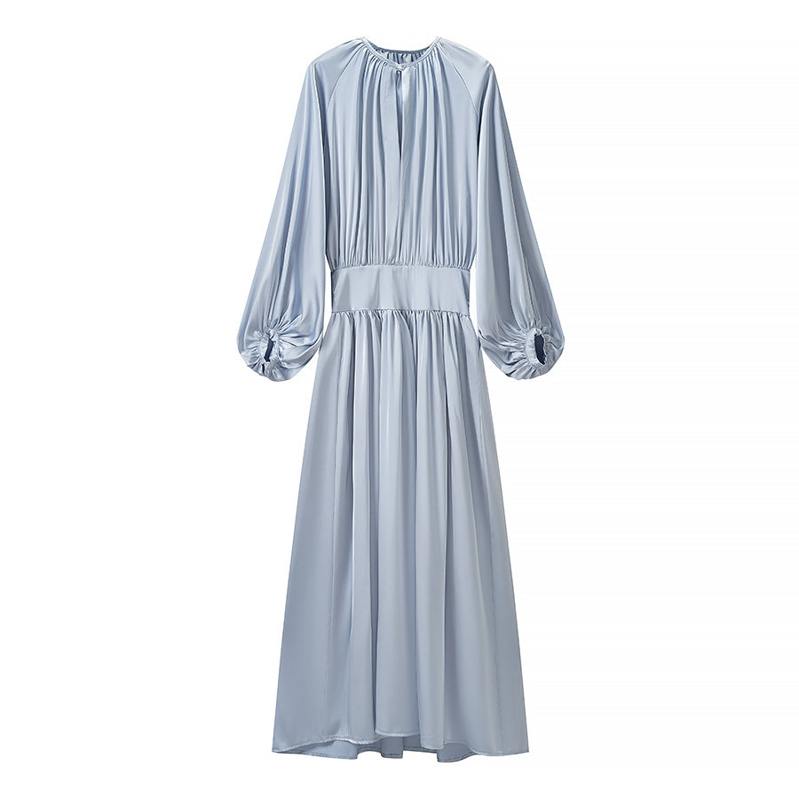 Damen Fließendes Maxikleid mit Ballonärmeln, geraffter Taille und Rundhalsausschnitt Echoarchiv