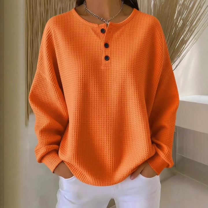 Damen Oversize Waffelstrick-Henleyshirt mit Knopfleiste und Rundhalsausschnitt Echoarchiv