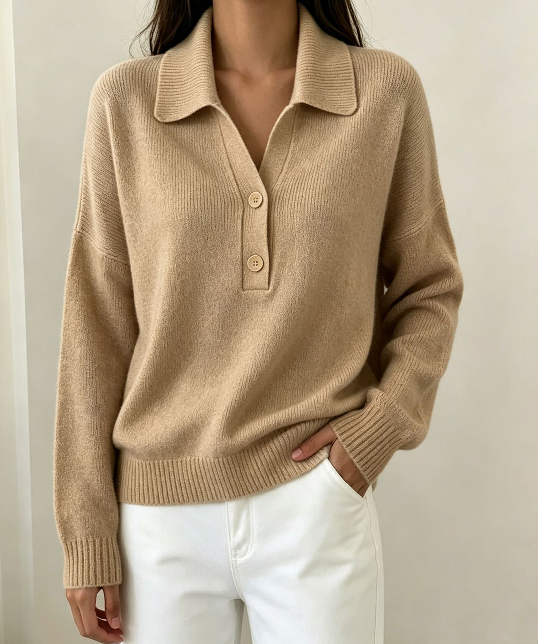 Damen Polokragen-Pullover mit halber Knopfleiste und geripptem Saum – Mavelle