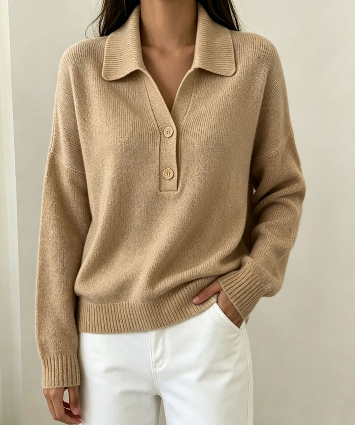 Damen Polokragen-Pullover mit halber Knopfleiste und geripptem Saum – Mavelle