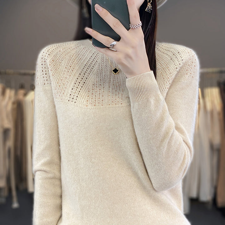 Damen Weicher Kaschmir‑Optik Feinstrickpullover mit Ajour‑Yoke und Paillettenbesatz Echoarchiv
