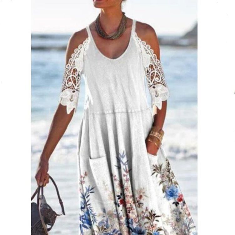 Damen nan fließendes Maxikleid mit Schulterausschnitten Häkelspitzenärmeln A‑Linien‑Schnitt und Eingrifftaschen Echo Archiv