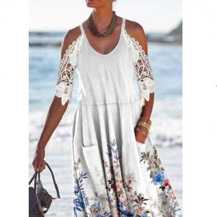 Damen nan fließendes Maxikleid mit Schulterausschnitten Häkelspitzenärmeln A‑Linien‑Schnitt und Eingrifftaschen Echo Archiv