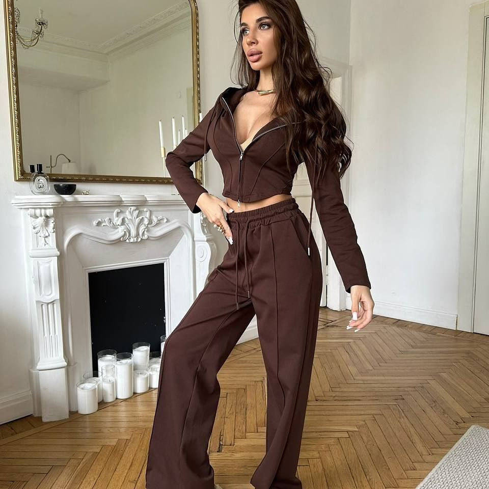 Damen tailliertes Cropped-Kapuzensweatshirt mit verdecktem Reißverschluss und High-Waist Wide-Leg Jogginghose Set – Auréline
