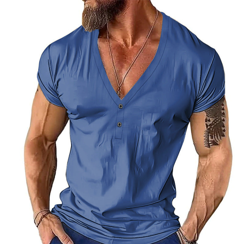 Herren Kurzarm Henley T-Shirt mit stylischem Kragen und zwei Knöpfen Echoarchiv