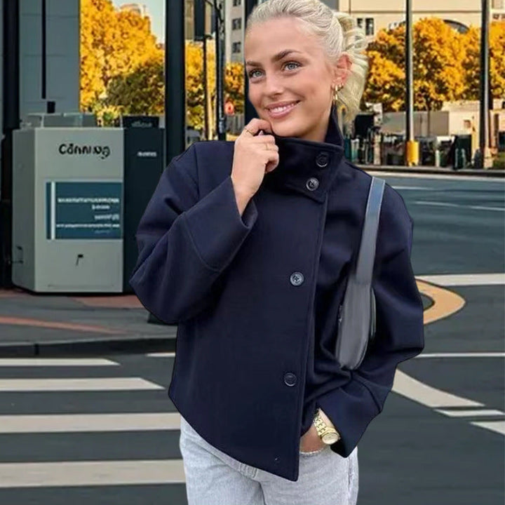 Damen Lässige Wolldecke-Jacke mit hohem Kragen und Knopfverschluss Echoarchiv