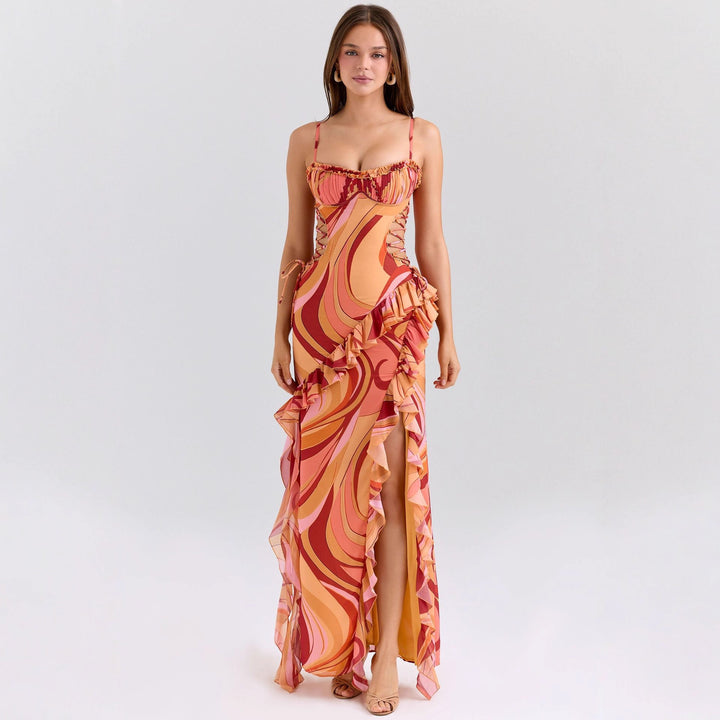 Damen Maxi-Kleid mit Rüschendetails und fließendem Muster Echo Archiv