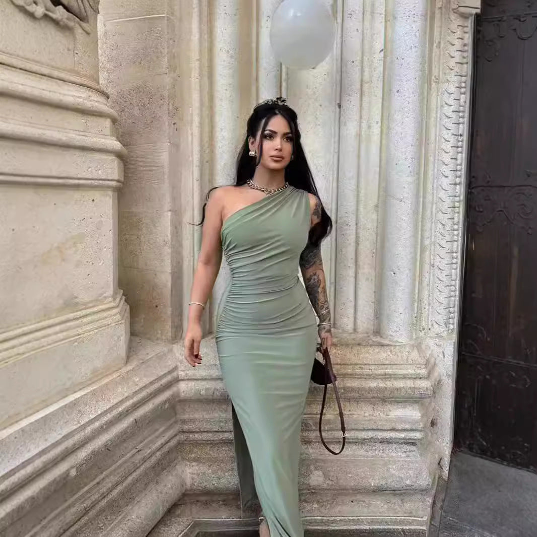 Damen elegantes langärmliges Maxikleid mit asymmetrischem Ausschnitt und Rüschendetails Echo Archiv
