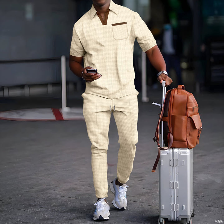 Herren nan lässiges Freizeitset aus elastischem Jersey mit V-Ausschnitt Brusttasche und Kordelbund Echo Archiv