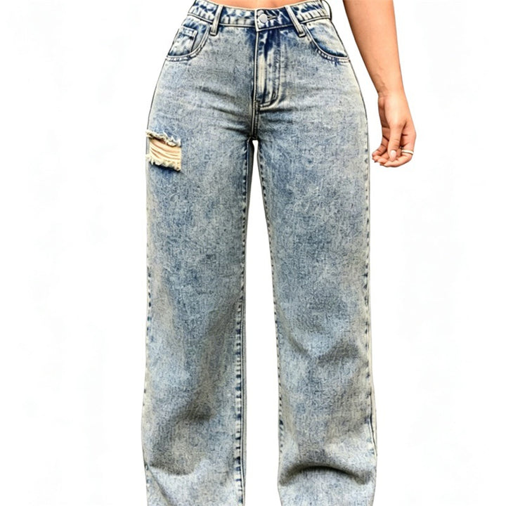Damen High-Waist Relaxed-Jeans mit Steinwasch-Effekt und seitlichem aufgerissenem Einsatz Echo Archiv