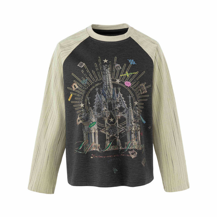 Damen Raglan‑Sweatshirt mit grafischem Kathedralprint und strukturierten Ärmeln Echoarchiv