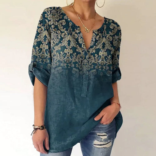 Damen nan V-Ausschnitt-Tunika im Leinenlook mit ornamentalem Bordürenprint, krempelbaren Ärmeln und gerundetem Saum Echo Archiv