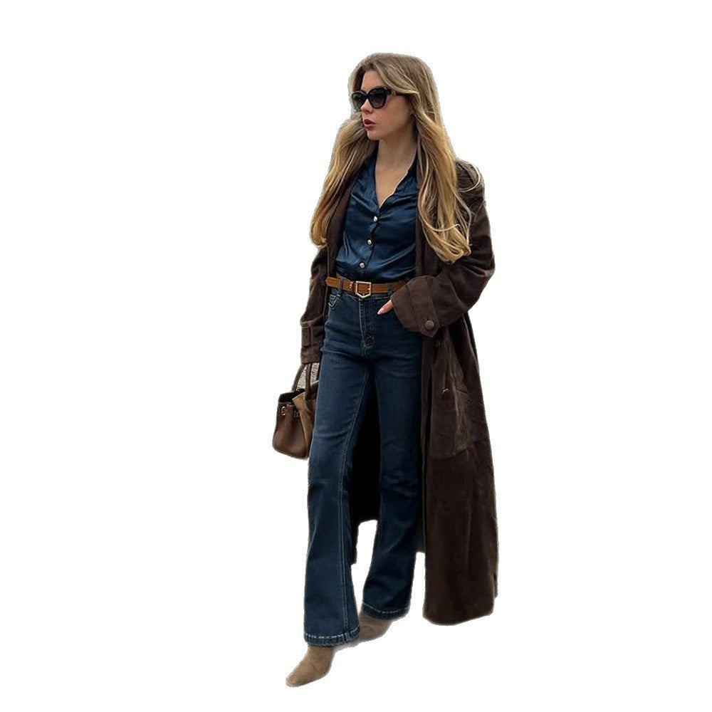 Damen Langschnitt Wildleder-Trenchcoat mit Oversize-Kragen und Bindegürtel Echoarchiv