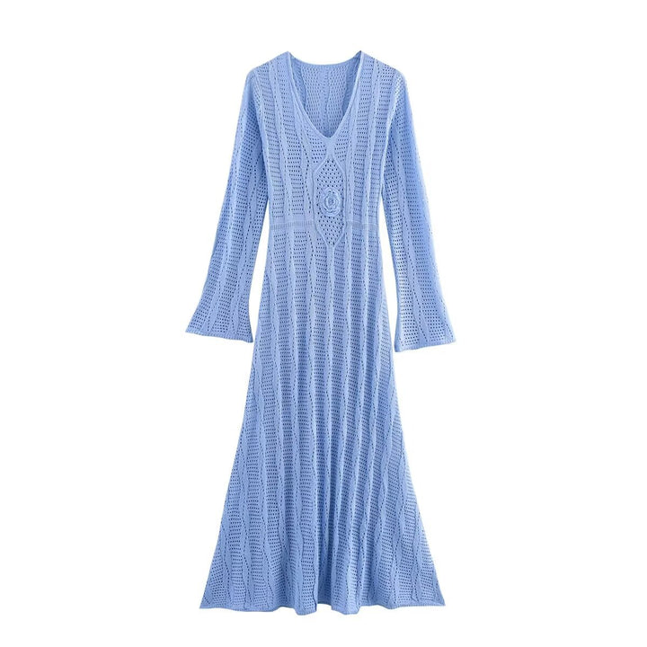 Damen gehäkeltes Maxikleid mit V‑Ausschnitt, taillierter Mitteloptik und ausgestellten Trompetenärmeln Echo Archiv