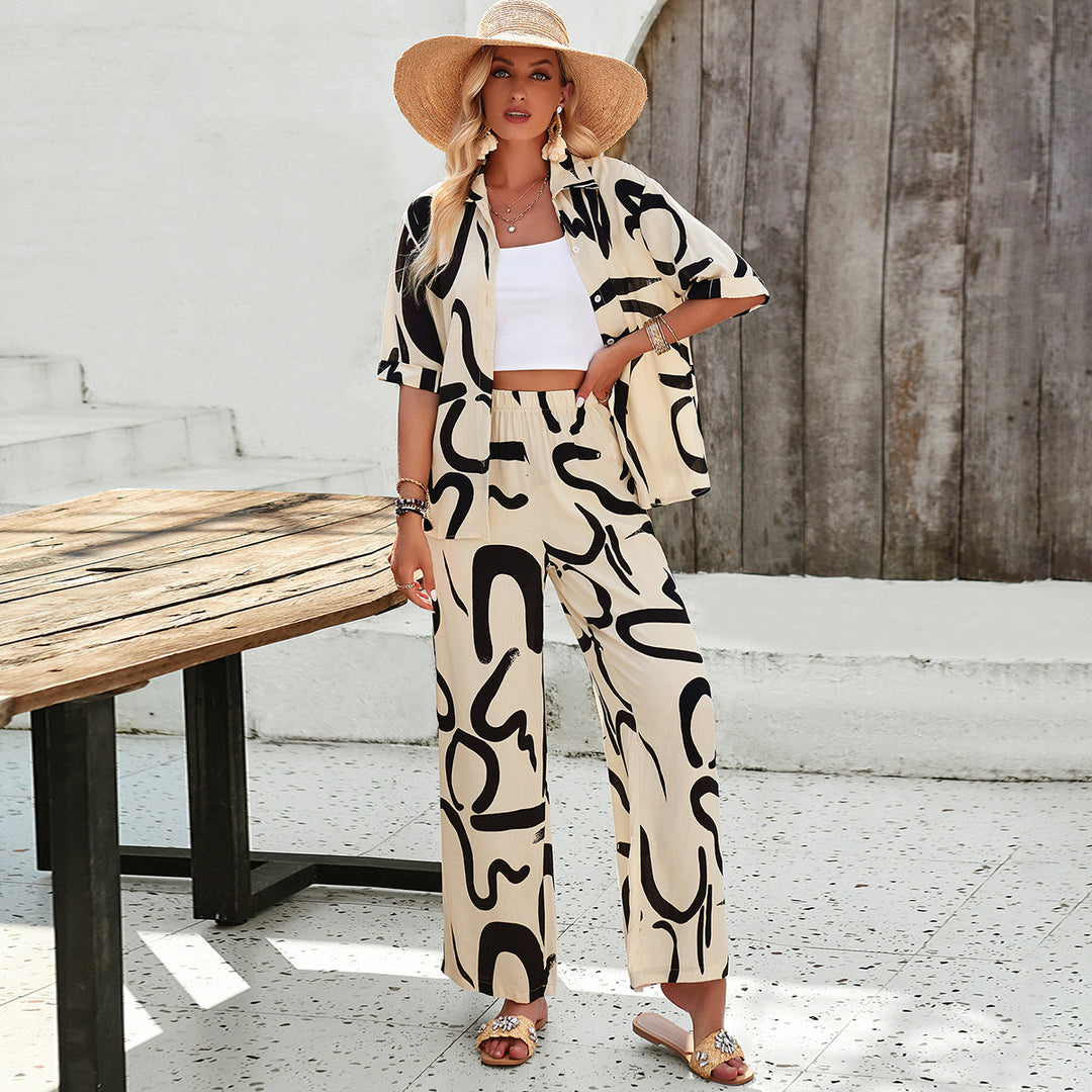 Damen luftiges Zweiteiliges Ensemble mit floralem Muster und weiten Hosen Echo Archiv