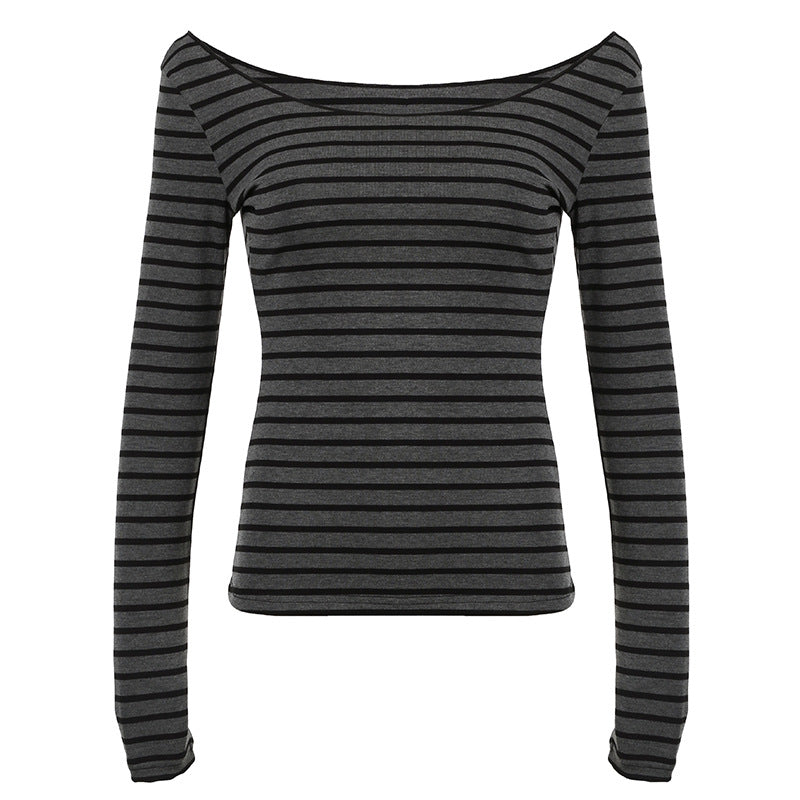 Damen nan schulterfreies gestreiftes Langarmshirt mit weitem U-Boot-Ausschnitt und figurbetonter Taillierung Echo Archiv