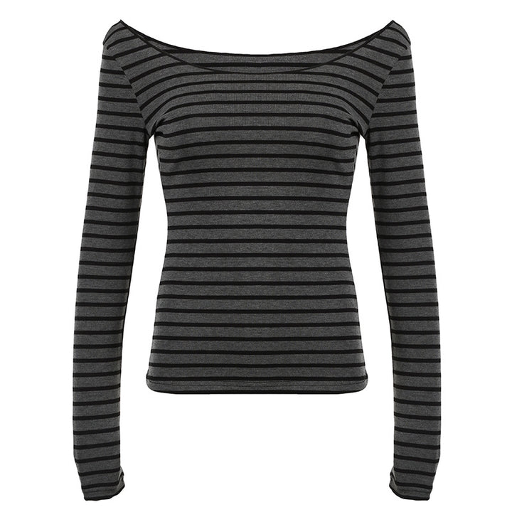 Damen nan schulterfreies gestreiftes Langarmshirt mit weitem U-Boot-Ausschnitt und figurbetonter Taillierung Echo Archiv