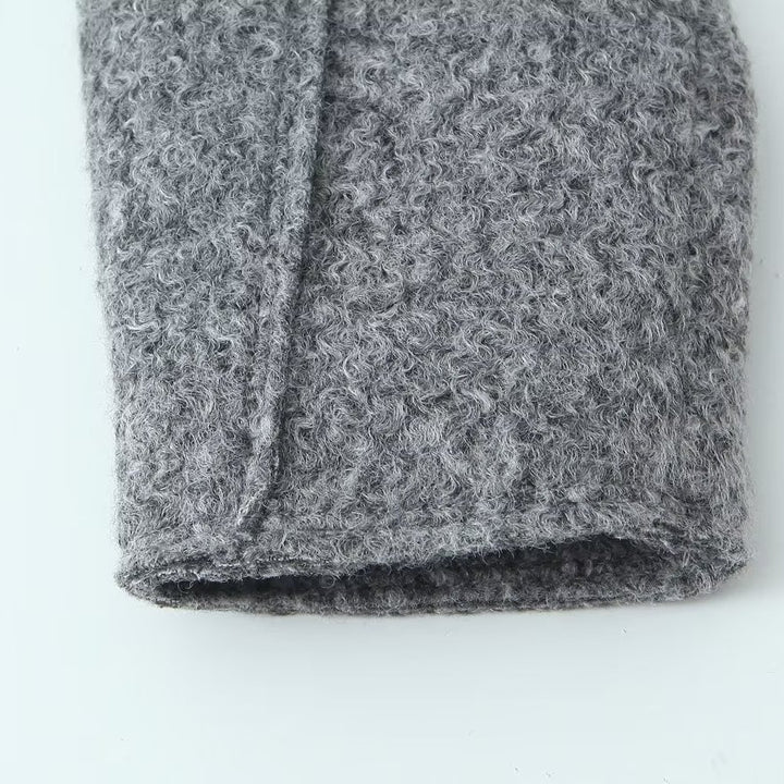 Damen kurzgeschnittene kastige Wollmix Jacke mit Reißverschluss Hemdkragen und aufgesetzten Pattentaschen – Célinea