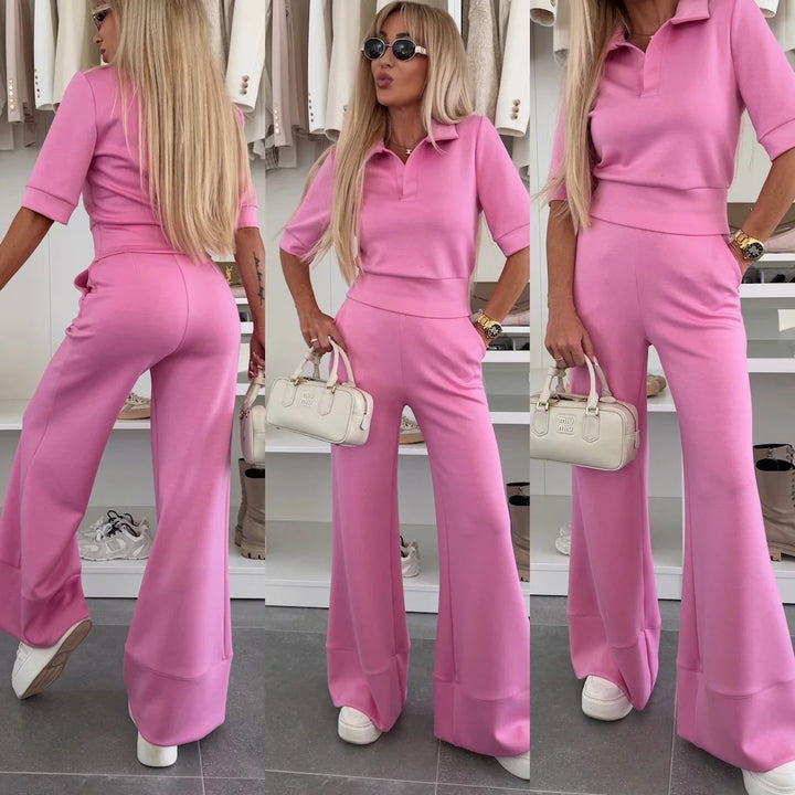 Damen Elegantes Scuba-Loungewear-Set mit Polokragen und taillenhoher Palazzo-Hose – Élanora