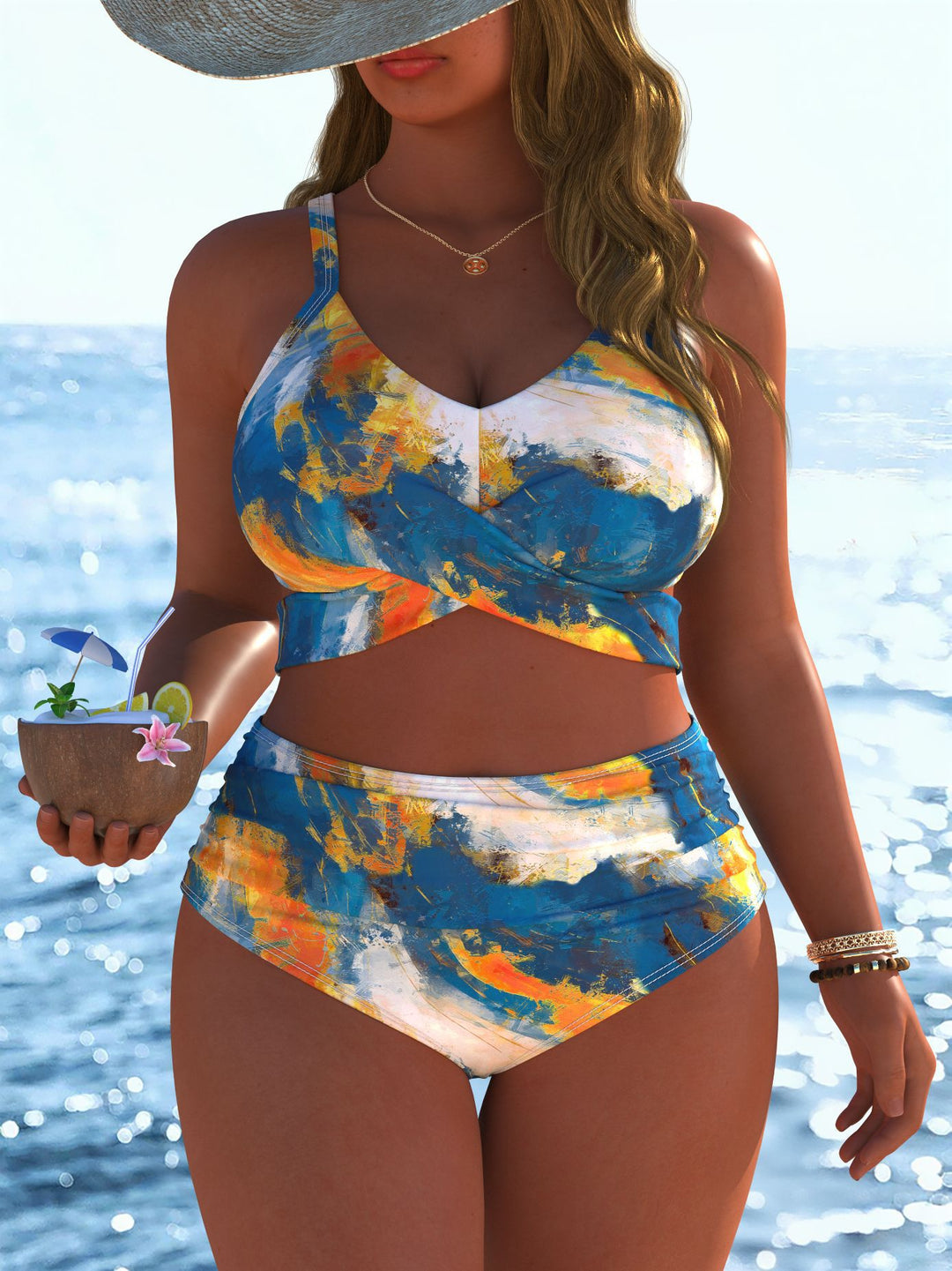 Damen Bikini-Set mit stylischem Marmormuster und hohem Taillenschnitt Echo Archiv