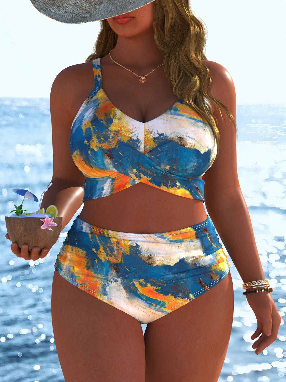 Damen Bikini-Set mit stylischem Marmormuster und hohem Taillenschnitt – Maréssa