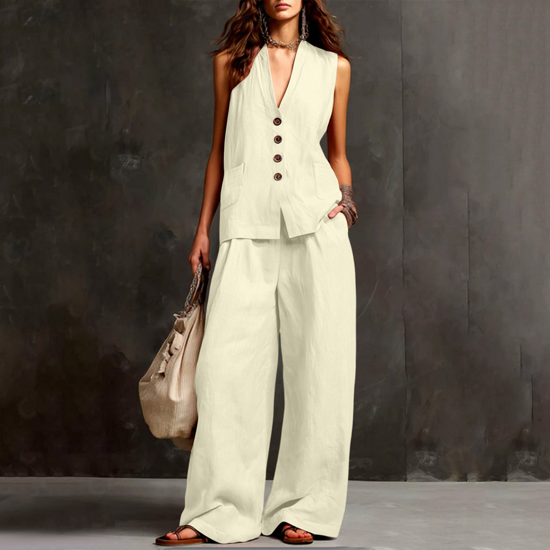 Damen Ärmelloses Longline-Westen und Palazzo-Hosen Set aus Leinenoptik – Célinea