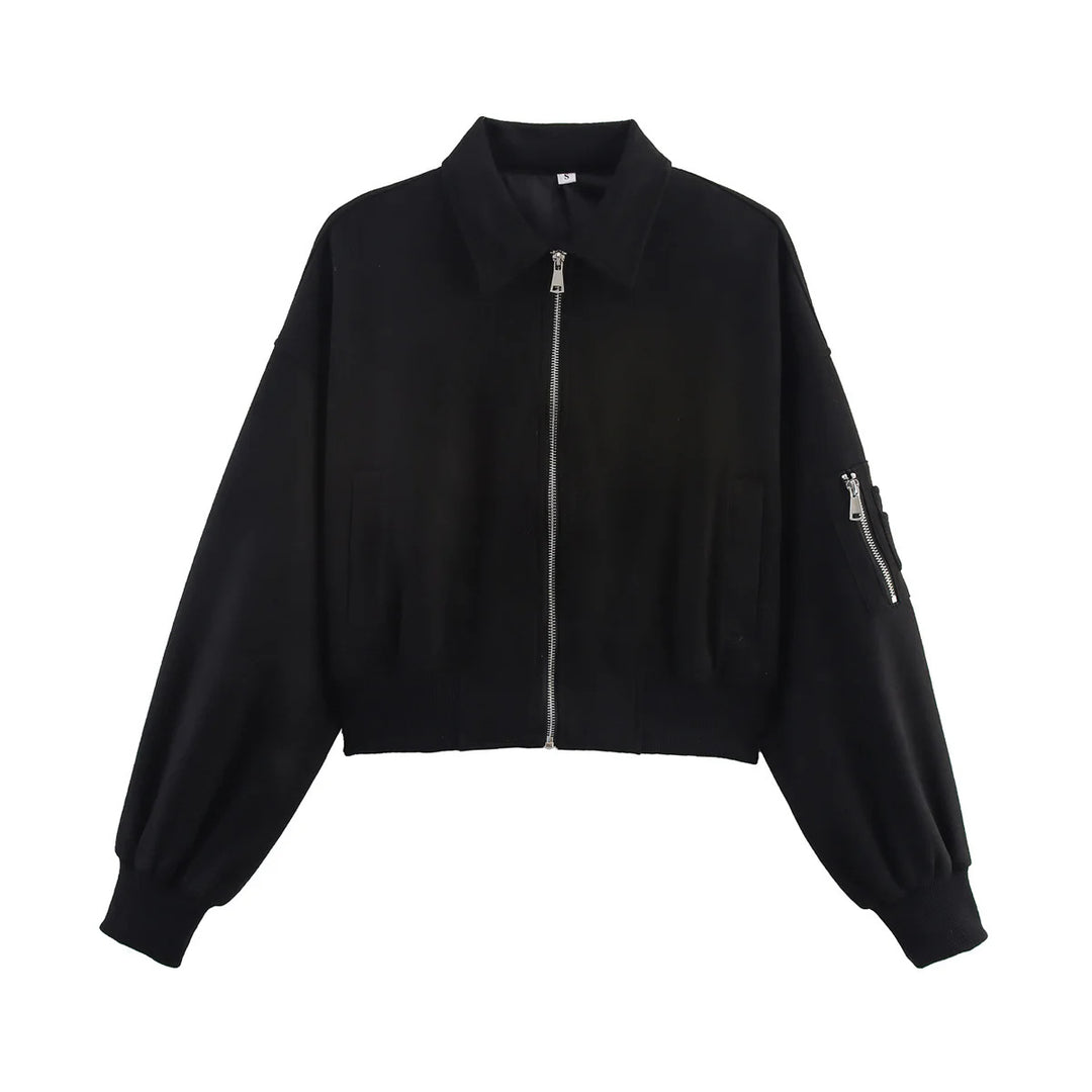 Damen nan cropped Bomberjacke im Velours-Look mit Reißverschluss, Ärmel-Taschen und geripptem Saum Echo Archiv
