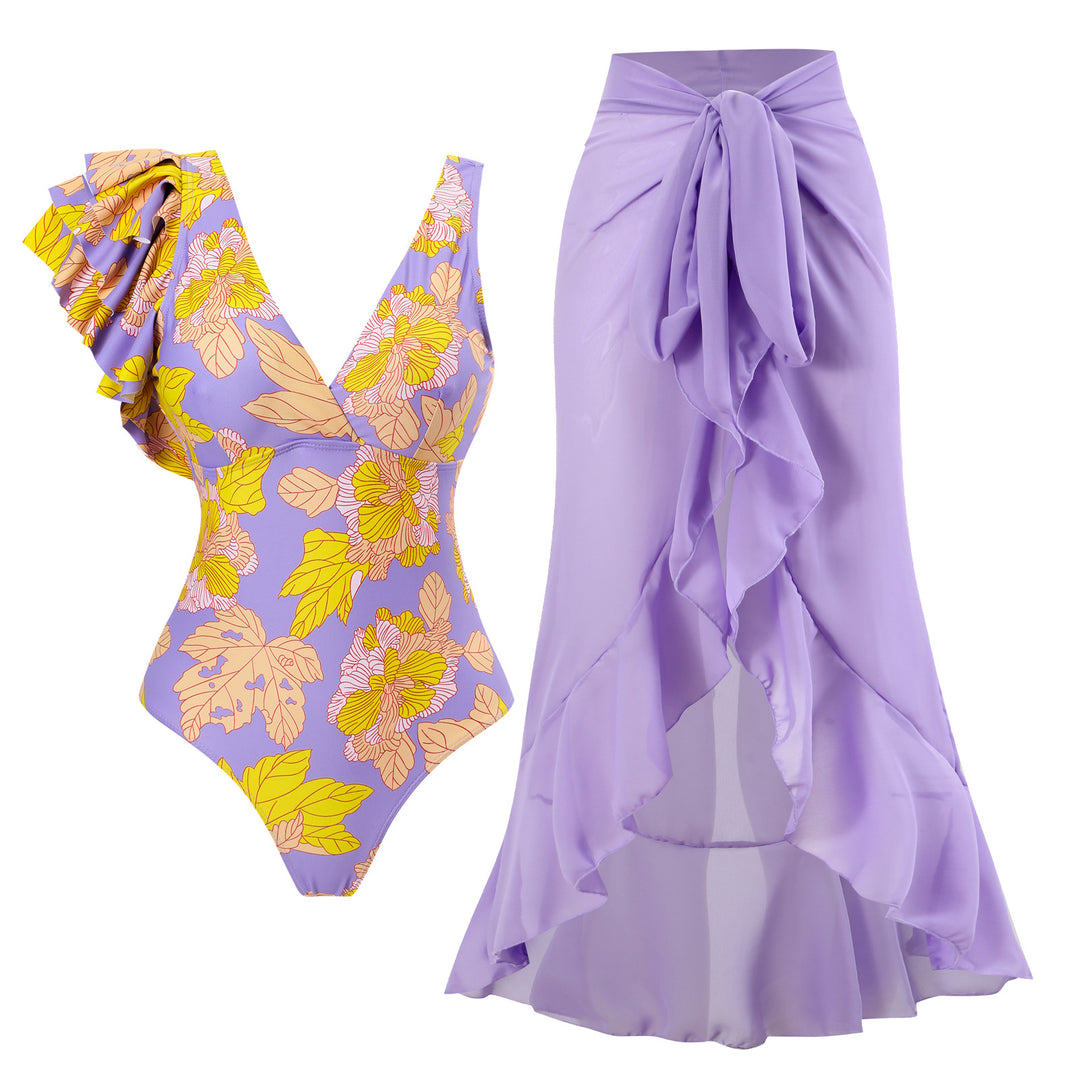 Damen Eleganter Einteiler Badeanzug mit floralen Rüschendetails Echo Archiv