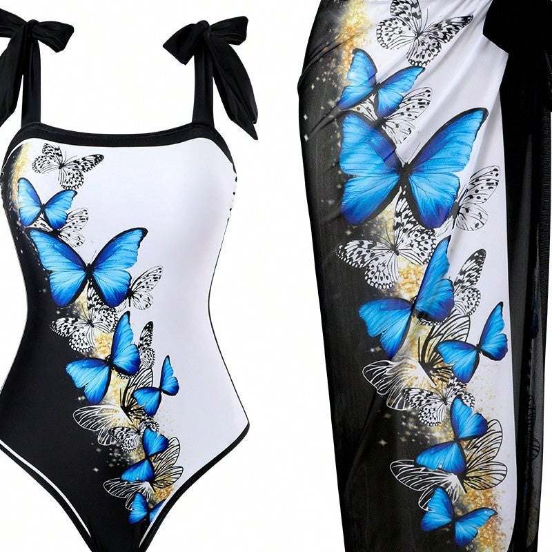 Damen Einteiler Badeanzug mit schickem Wickelrock und Butterfly-Motiv Echo Archiv