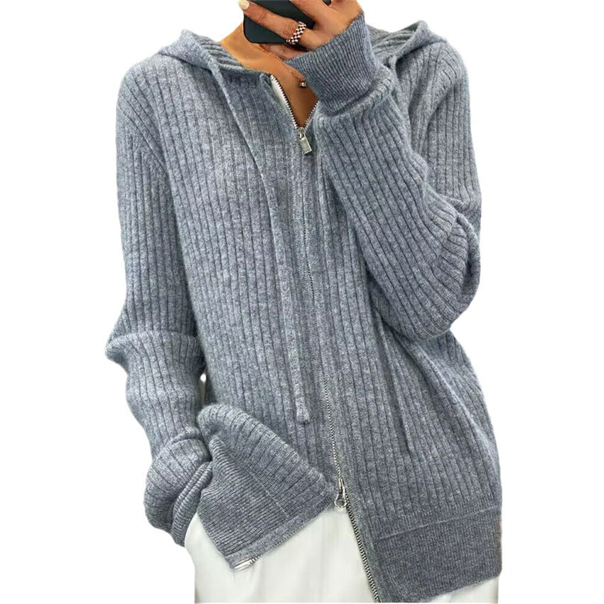 Damen nan oversized Rippstrick-Kapuzencardigan mit Zwei-Wege-Reißverschluss und Kaschmir-Blend Echo Archiv
