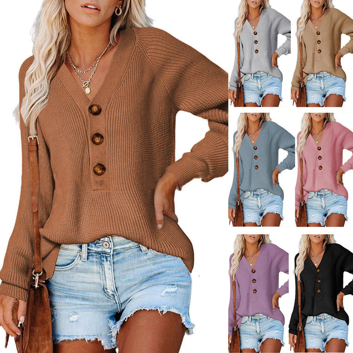 Damen Gerippter Strickpullover mit V‑Ausschnitt, Zierknopfleiste und Ballonärmeln Echoarchiv