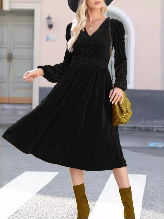 Damen Midikleid aus Samt mit V-Ausschnitt, geraffter Smock-Taille und langen Ballonärmeln – Élara