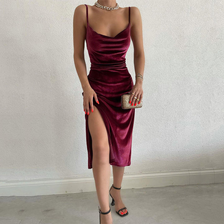 Damen Elegantes Satin-Midikleid mit Drapierung und Seitenschlitz Echo Archiv