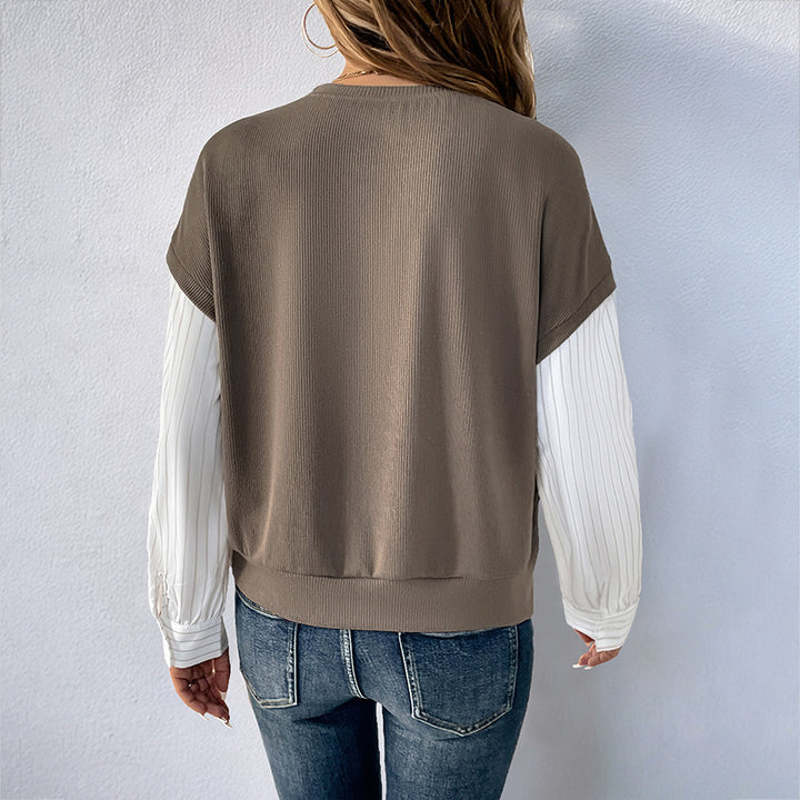 Damen Casual-Longsleeve mit Rippoberteil & gestreiften Blusenärmeln Echoarchiv