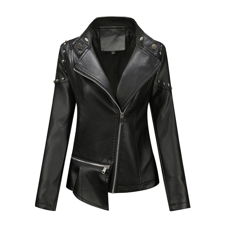 Damen Asymmetrische Bikerjacke aus Kunstleder mit Nietenbesatz und tailliertem Schnitt Echoarchiv