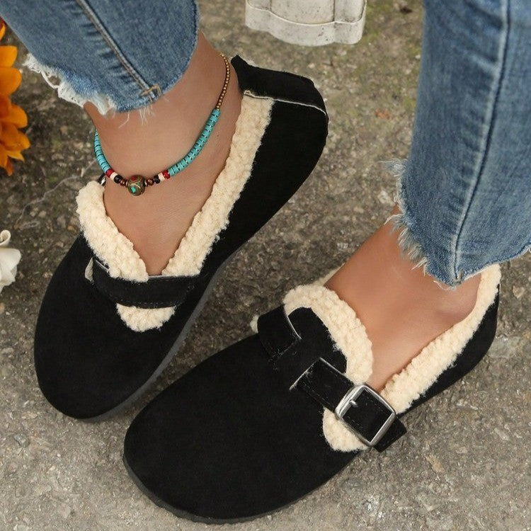 Damen Gefütterte Wildlederoptik-Slipper mit Teddy-Kragen, verstellbarer Schnallenlasche und rutschfester Profilsohle Echo Archiv